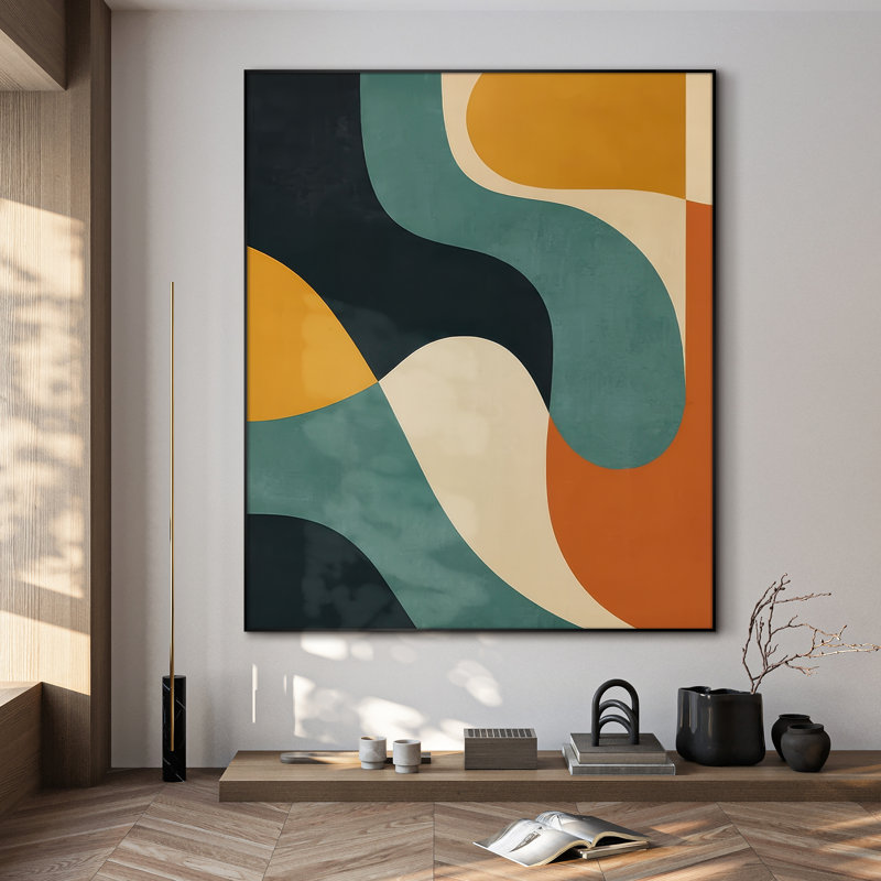 Très grande reproduction d'art sur tissu - formes modernes incurvées de style Mid-Century en moutarde sarcelle et décor d'œuvres d'art noir pour le salon ou la chambre à coucher - «Assemblage requis du cadre (cadre non fini)»