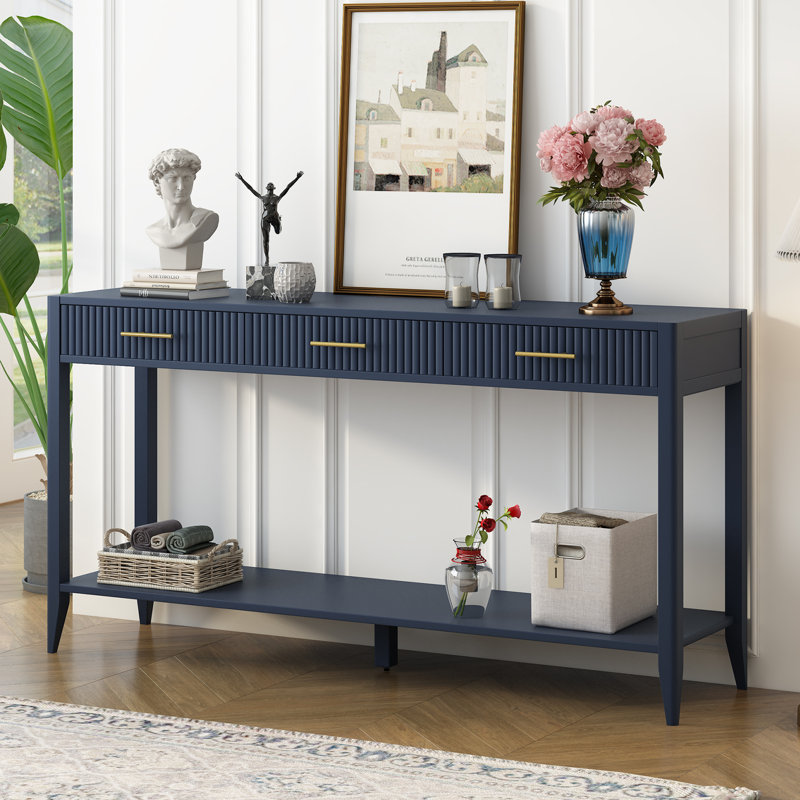 Dishaun 60" Wood Console Table Long Sofa Table with 3 Drawers, Navy Blue