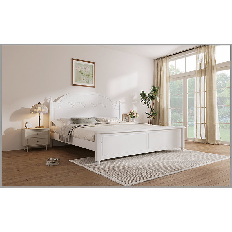 Structure de lit très grand en bois avec tête de lit arquée et design classique, blanc, Blanc