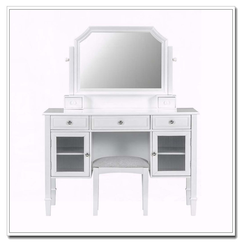 44.4" Makeup Vanity Desk with Large Adjustable Mirror, Drawers, Cabinet and Stool