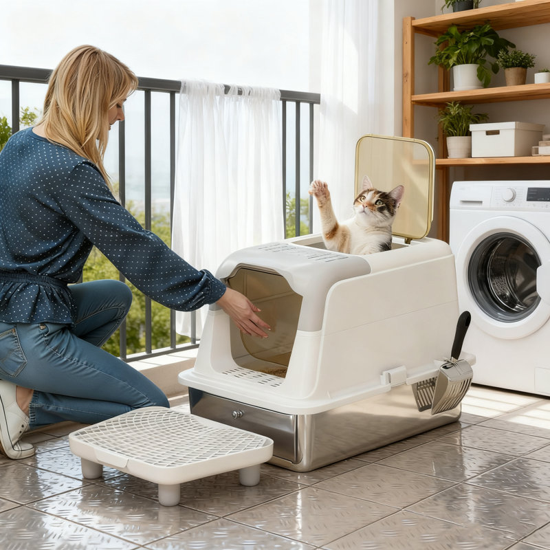 Bac à litière pour chat en acier inoxydable - avec pelle, sac désodorisant et entrée par le haut / sortie par le haut
