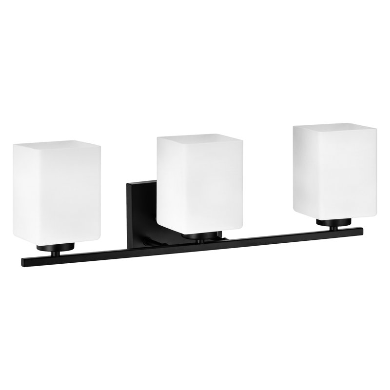 Éclairage pour salle de bain en nickel brossé avec abat-jour carré en verre blanc gravé, 3 Lights, Noir mat