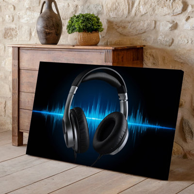 Canvas A Pair Of Sleek Modern Headphones With A Glossy Black Wall Art Finish And Metallic Silver Accents Positioned Centrally Against Canvas Wall Art