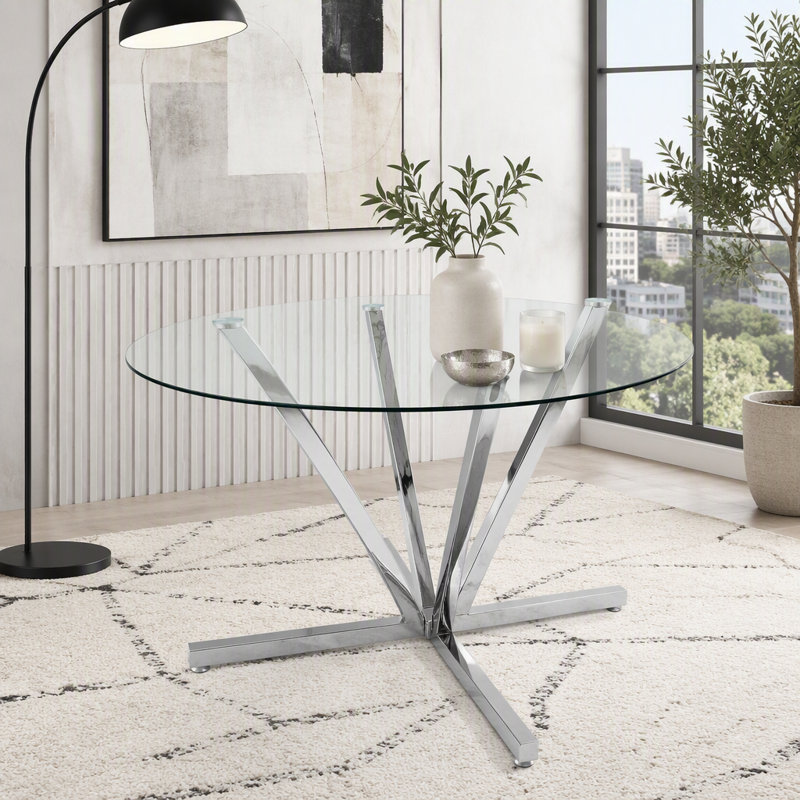 Table de salle à manger ronde en verre trempé 45,27 pouces, Silver+Transparent