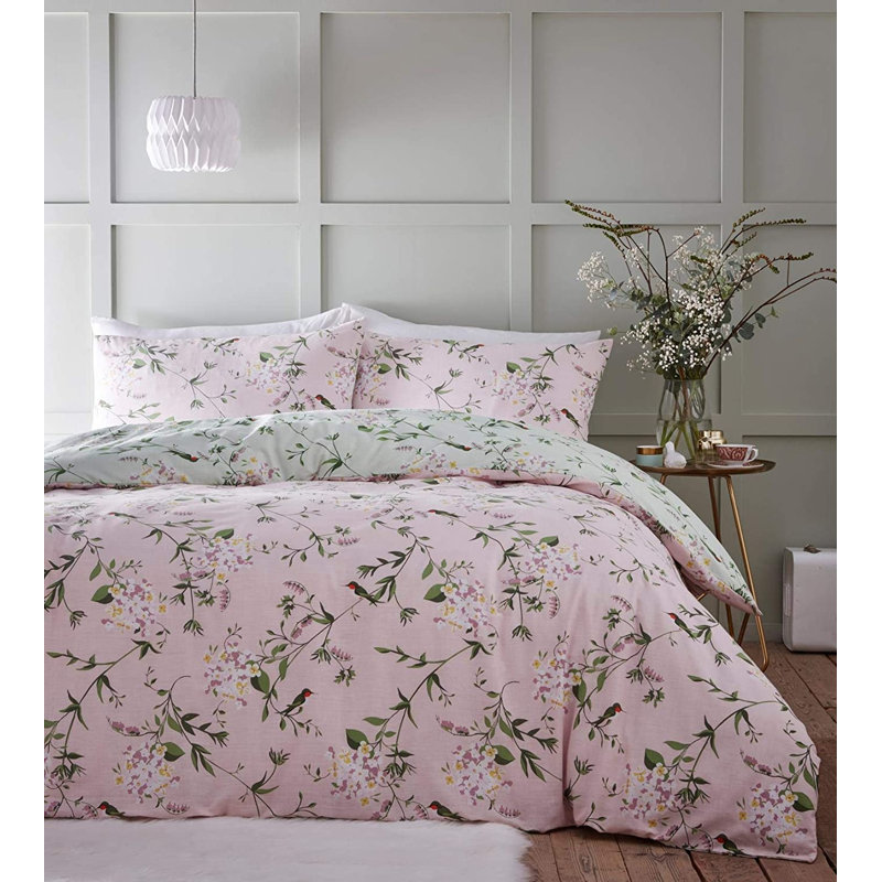 White/Green/Pink 56 TC Reversible Duvet Cover Set, Super King Duvet Cover + 2 Standard Pillowcases, White/Green/Pink