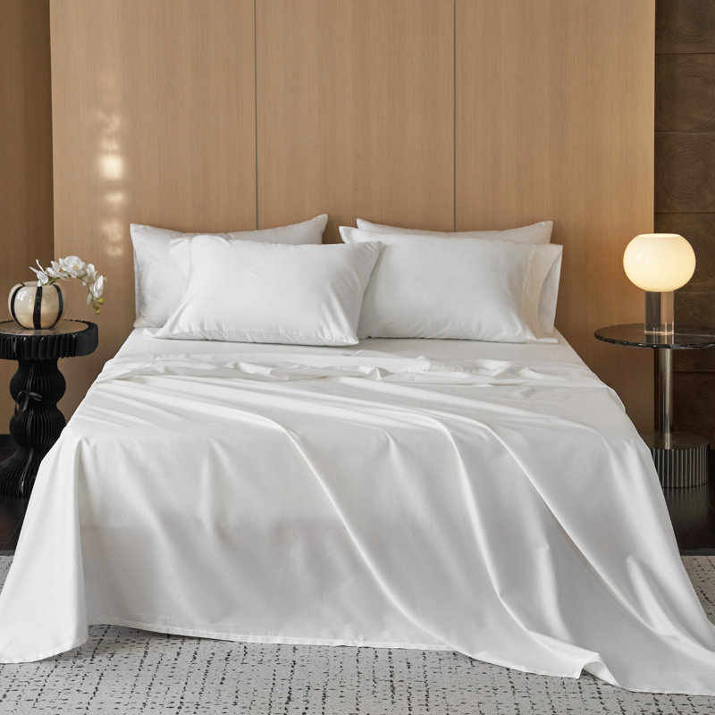Ensemble de draps 100% coton satiné MooMee, Blanc brillant, Ensemble de draps pour grand lit avec deux taies d