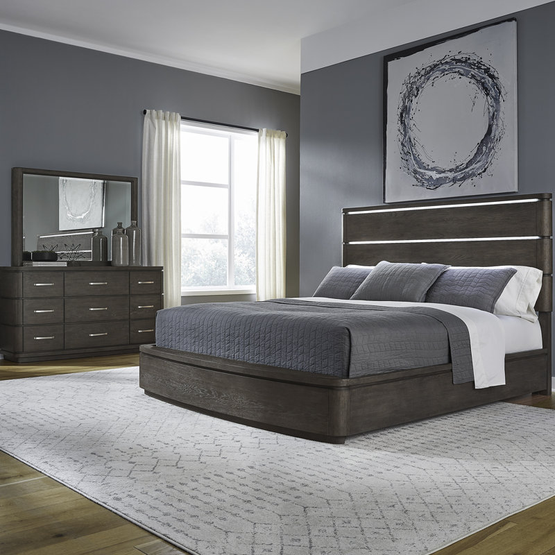 Trenea Panel Bed, Dresser & Mirror Bedroom Set w/ LED Lighting, California King