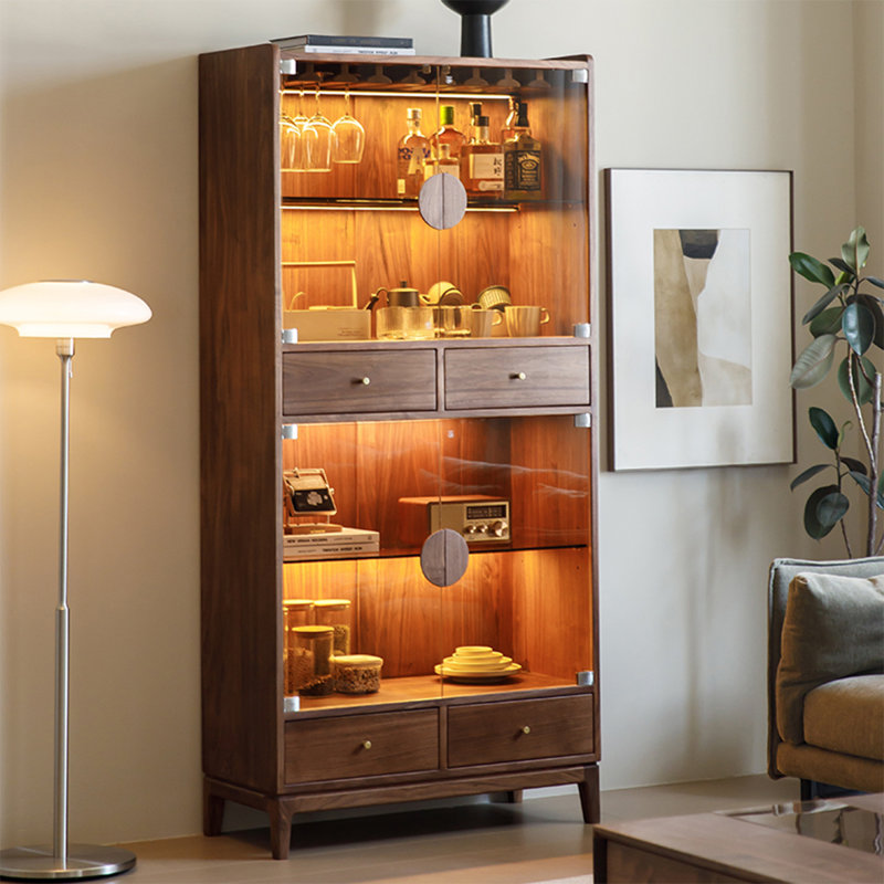 35.43" Nordic Black Walnut Wood Wine Cabinet, Luxury Glass Display Cabinet, Storage Cabinet for Living Room & Dining Room