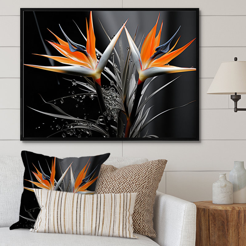 Oiseaux du paradis exotique - imprimé, H 30 po x l 40 po x P 1,5 po, Cadre flottant noir