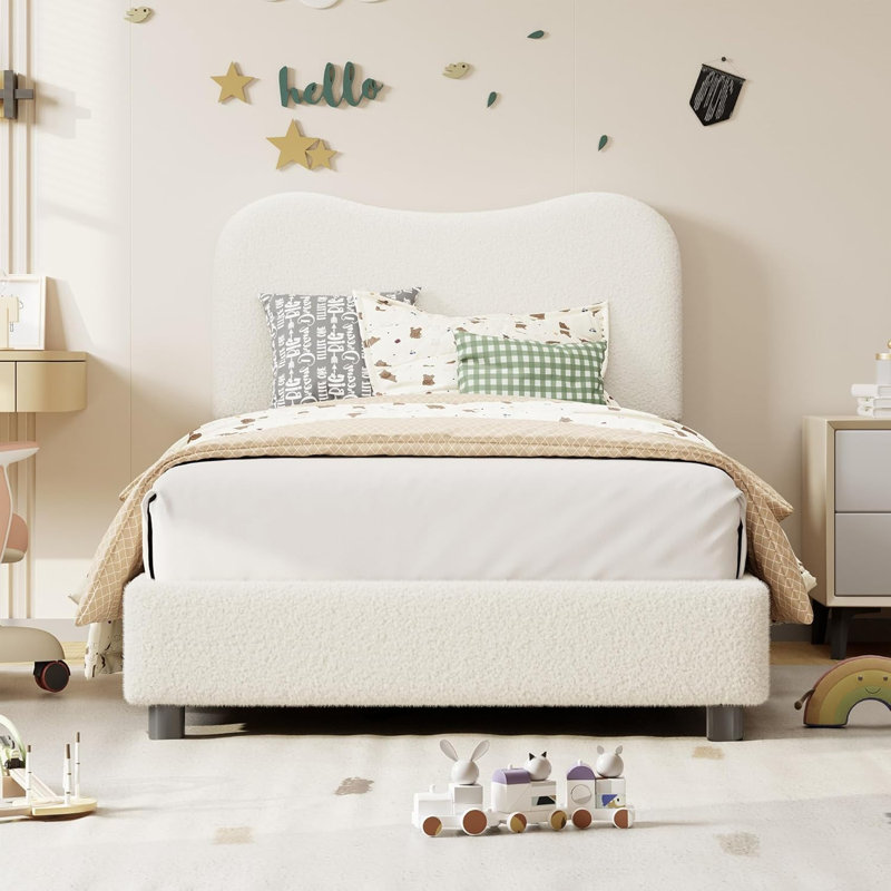 Structure de lit plateforme simple, structure de lit simple en métal avec lattes de bois robustes, structure de lit tapissier en tissu Sherpa avec tête de lit, aucun sommier nécessaire, pas de bruit, blanc beige