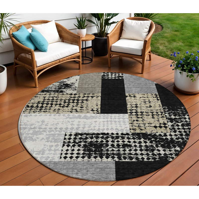 Tapis intérieur lavable rond 8 pi noir taupe et ivoire