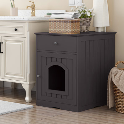 Brown Cat Litter Box Enclosure With Wooden Side Table, Drawer, Indoor Pet Crate, Home Nightstand For Cats Crate