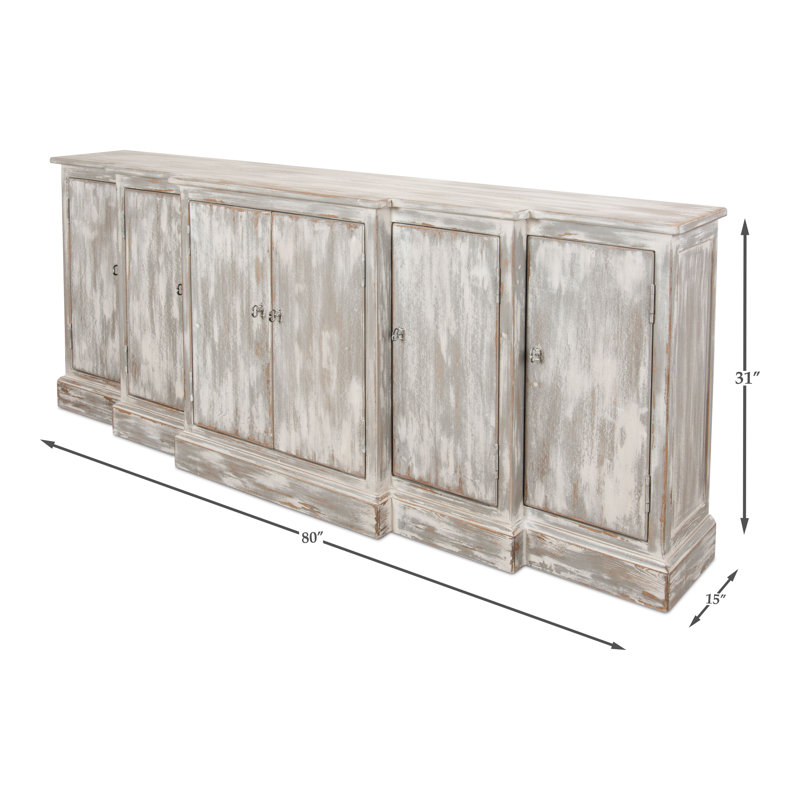 Distressed Farmhouse 80'' Gray Solid Wood Waterfall Sideboard