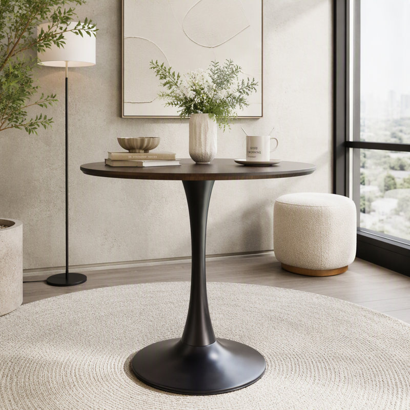 Table de salle à manger ronde en tulipe avec pied central, Noyer + noir