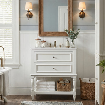 Meuble-lavabo autoportant de 24 po avec lavabo en céramique, meuble-lavabo rétro avec tiroir basculant et tablette ouverte en noir, blanc ou beige