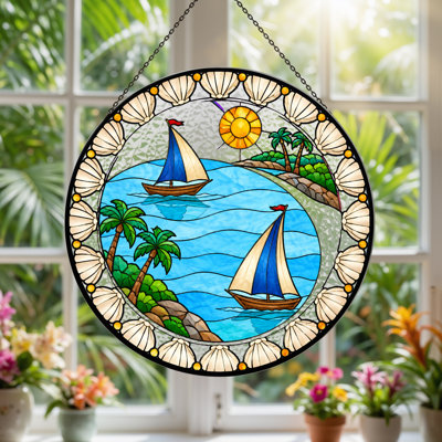 Sailboats And Palm Trees In Stained Glass Circle Canvas Wall Art