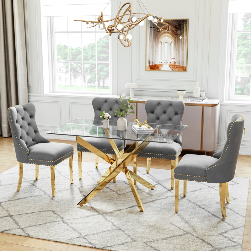 Modern Glass Dining Table Set For 4, 50" Rectangular Tempered Glass Dining Table With Velvet Upholstered Seats, Gold