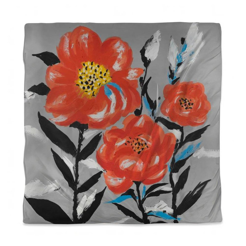 Botanical Gray Duvet Cover - Pink Flowers, Blue Leaves Decor