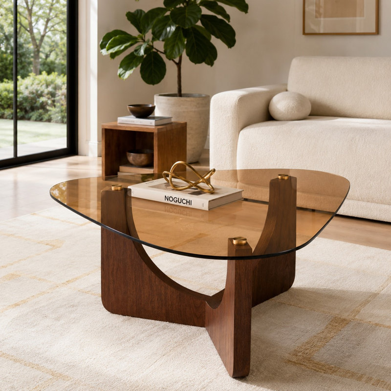 Table basse Mid-Century moderne en verre avec base en panneau de fibres à densité moyenne noyer