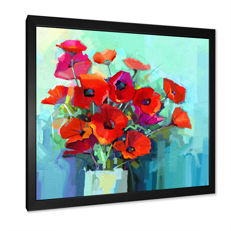 «Abstract Paintbrush Red Poppy Flowers», reproduction d'art sur toile traditionnelle, Cadre photo noir