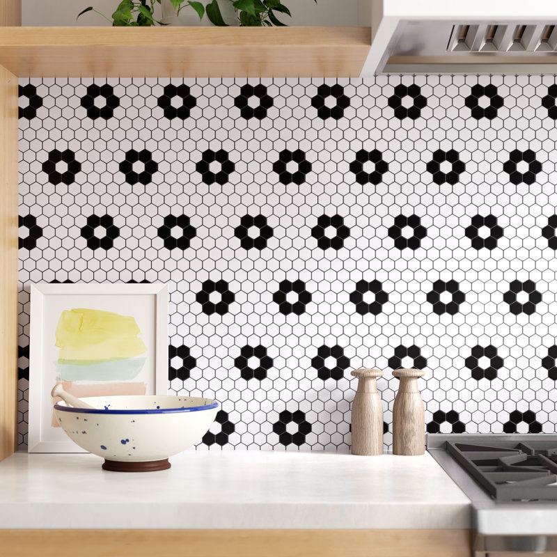 Perfection 1“ x 1" Porcelain Honeycomb Mosaic Wall & Floor Tile, White/Black Flower