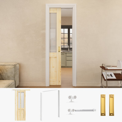 Porte en bois de pin massif avec porte coulissante en verre givré 24 po x 80 po avec quincaillerie dorée et cadre de porte blanc