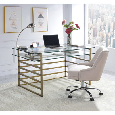 Karwan Metal Base Glass Top Writing Desk in Antique Gold and Clear by Mercer41