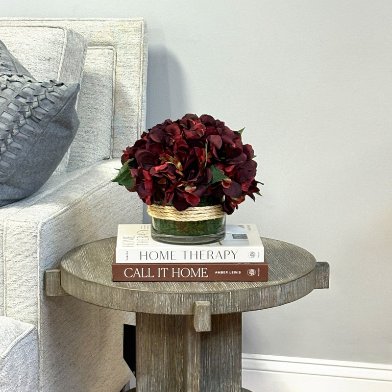 Cream Hydrangea in Rope Glass Vase, Burgundy