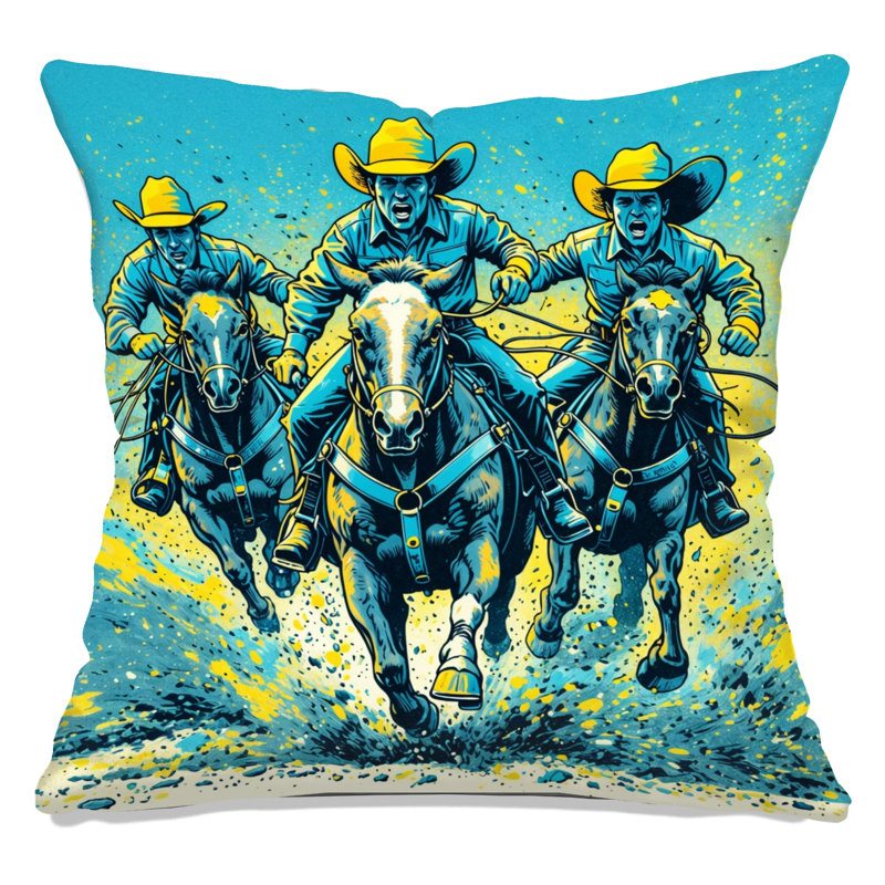 Coussins Cowboys Riding Horses, 14 X 14 pouces, Bleu vif / jaune vif