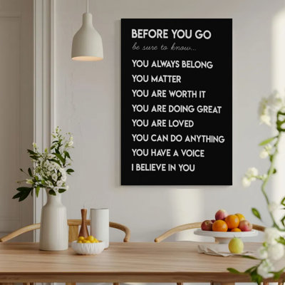 Impression sur toile encadrée, 1 pièce, texte inspirant: «Avant de partir ...» sur fond noir, typographie audacieuse sans empattement. Décoration murale, parfait pour la décoration de salon, chambre, bureau, cuisine, salle de bain, décoration murale idéale