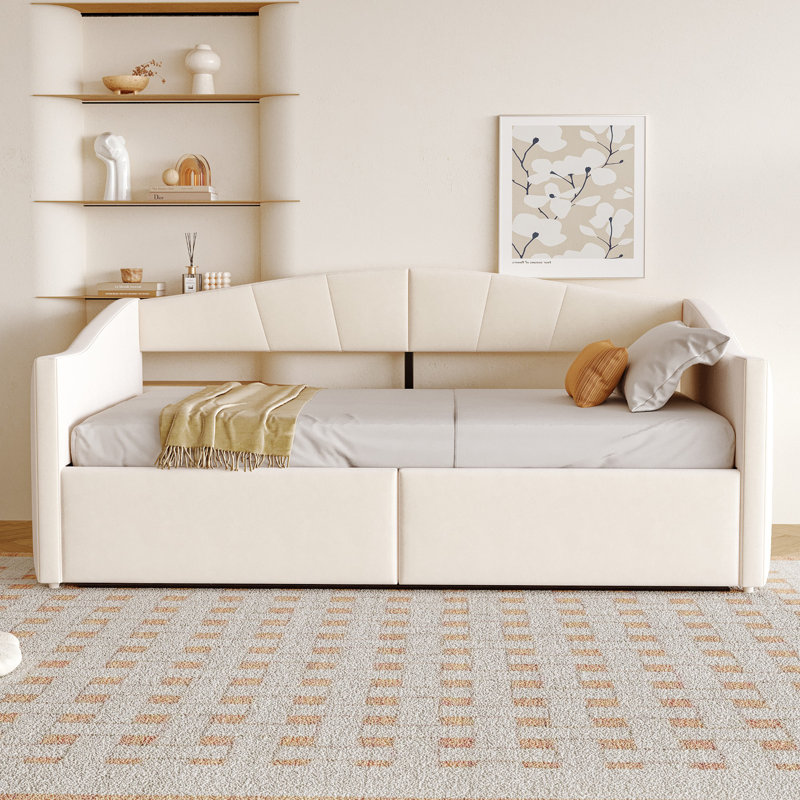 Daybed With Hydraulic Storage & Drawers, Beige, European Single (90 x 200 cm)