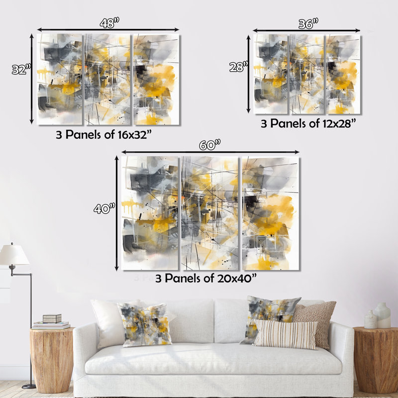 Jaune et gris au-delà de la toile I - 3 pièces sur toile tendue, H 32 po x l 48 po x P 1 po