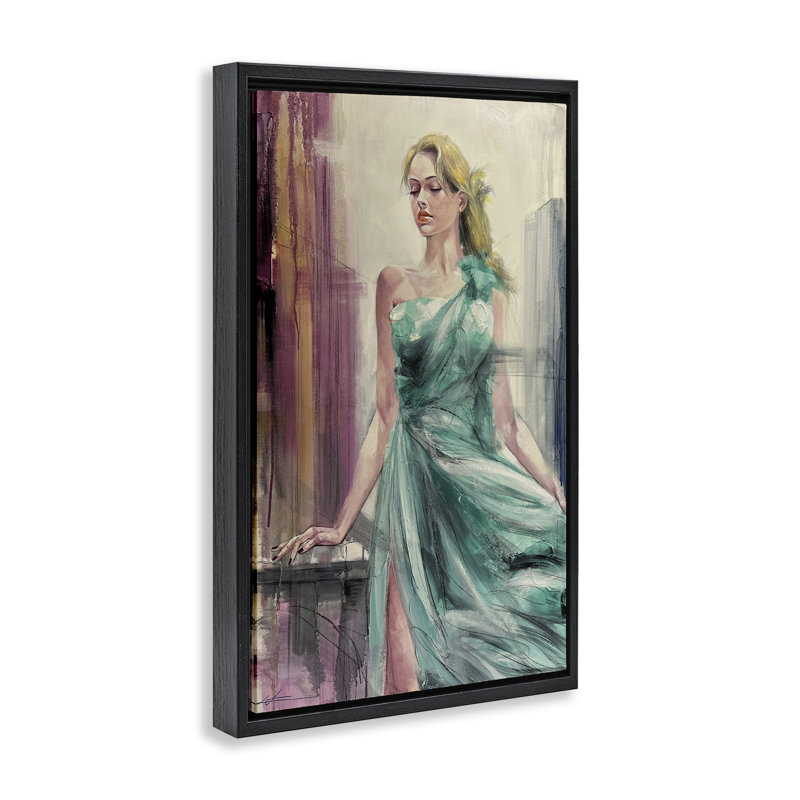 Élégante blonde dans un cadre flottant, design par Lucille Lee, Cadre flottant noir de jais, H 25 po x l 17 po
