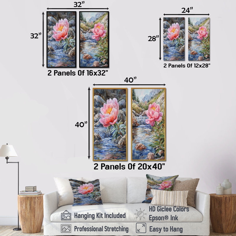 Pivoines et la rivière de montagne I - Collection d'art mural floral 2 panneaux, H 40 po x l 41 po, Toile tendue