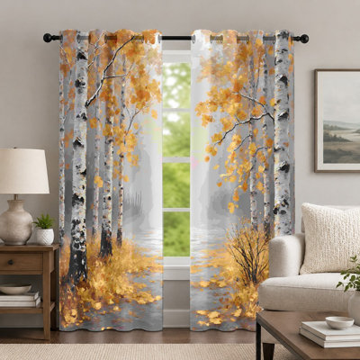 2Pcs rideaux de forêt de bouleau d'automne, rideau à motif de paysage saisonnier, feuilles dorées artistiques et drapeaux à tronc d'arbre, habillage de fenêtre pour le décor de la chambre à coucher