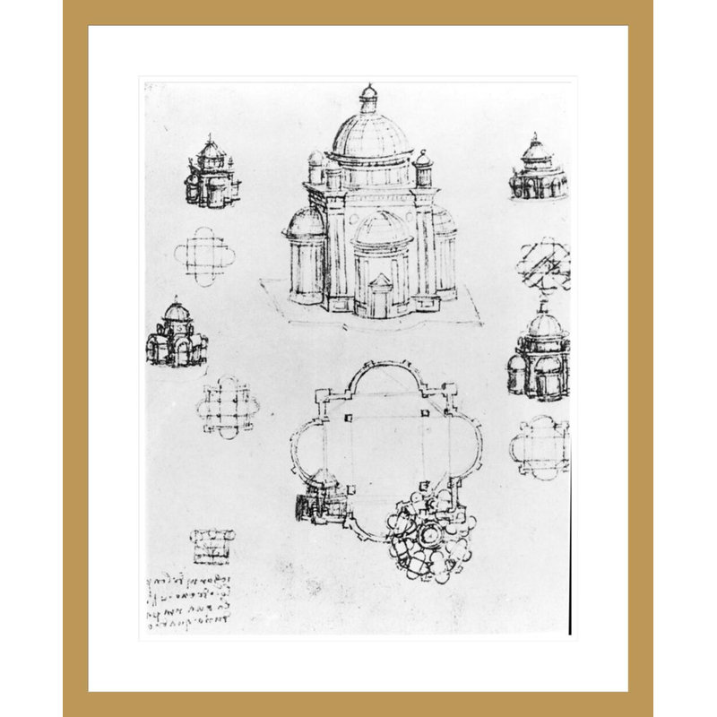 Études pour un bâtiment d'un plan central détaillé de fol. 3v from Codex Ashburnham I and II (anciennement partie du Manuscrit B (2184)) par Leonardo Da Vinci, impression giclée encadrée