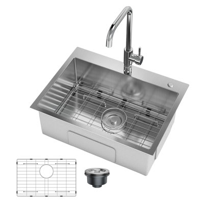 24 x 18 x 9 Inch Drop-In Kitchen Sink, Stainless Steel Single Bowl Workstation w/Faucet, Bottom Grid & Drain Kit