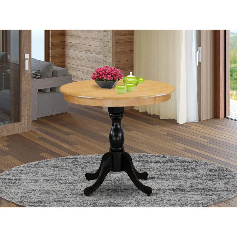 Table de salle à manger antique - plateau rond en bois avec base piédestal, Noir, Chêne, H 30 po x l 36 po x P 36 po