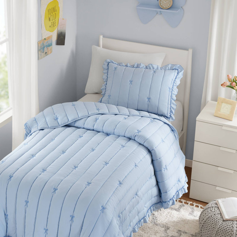 Charming Bow Embroidered Quilt Mini Set With Ruffle Trim And Soft Microfiber, Blue