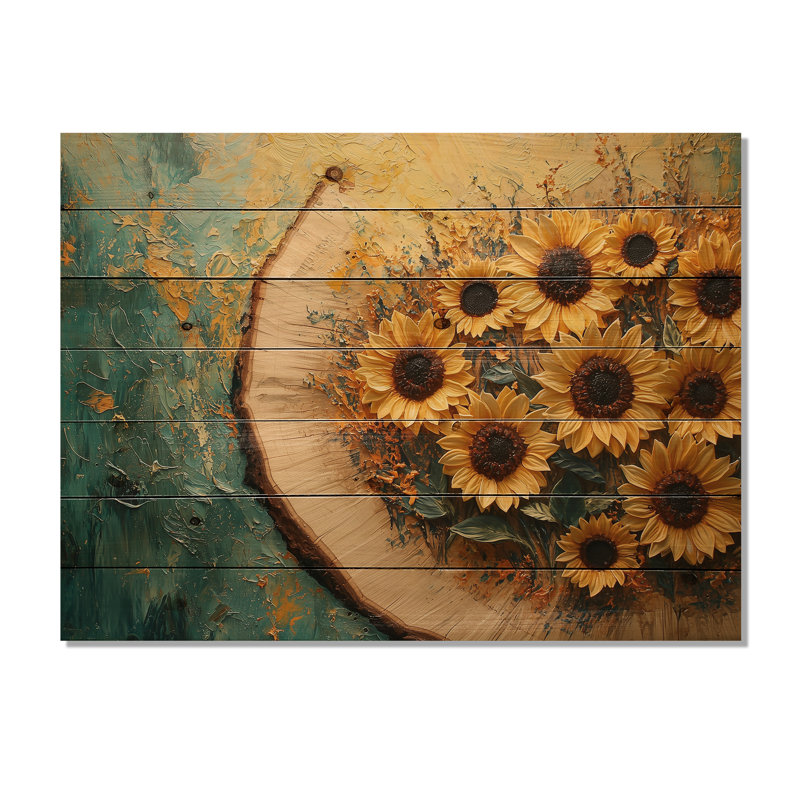 Sunflowers Garden At The Barn On Wood Slide I - Sunflowers Wood Wall Decor - On Natural Pine Wood, 24" H x 32" W x 0.78" D