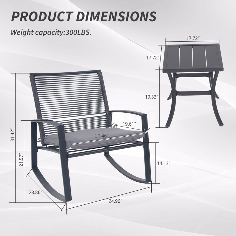 Conversation Set, 2-Person Outdoor Patio Bistro Metal Rocking With Table, Gray