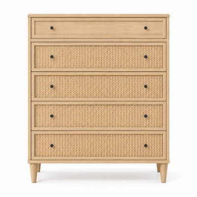 Ingraham 35.4" Mid-Century Solid Wood Cane 5-Drawer Tall Dresser