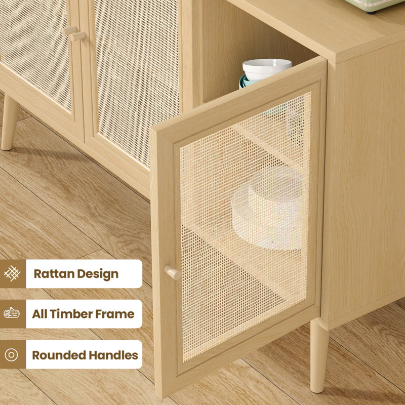 Buffet avec 3 portes en rotin et armoire de rangement moderne pour le salon (petit, naturel)