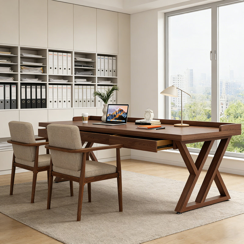 Bureau moderne en bois de noyer moderne minimaliste avec cloison anti-chute et tiroirs, 31.5" H x 78.74" W x 31.5" D