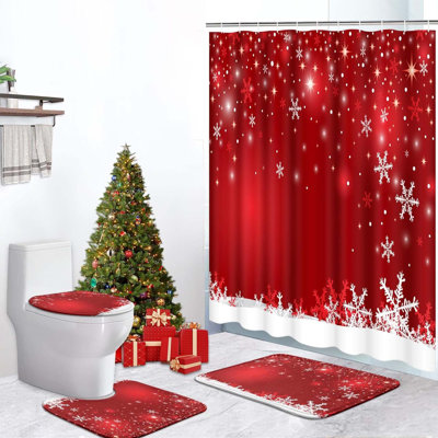 Ensemble de rideau de douche rouge de Noël 4 pièces (72 po x 72 po) - Décoration de Noël flocon de neige + tapis antidérapants + couvercle de toilette + tapis de bain