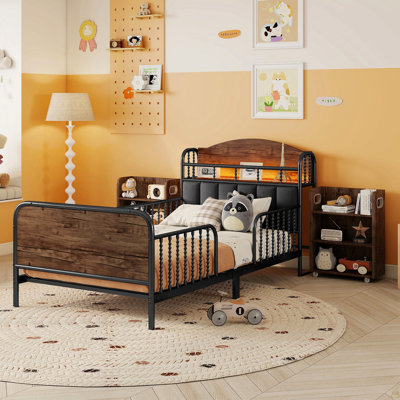 Twin Size Metal Platform Bed Frame With Light, Kids Twin Metal Bed With Upholstered And Pull Out Storage Shelves