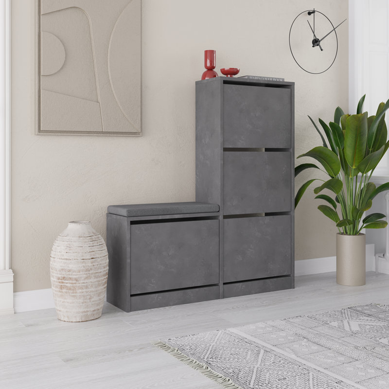 Dude Modern Bench Shoe Cabinet 4 Drop-Doors, Retro Grey
