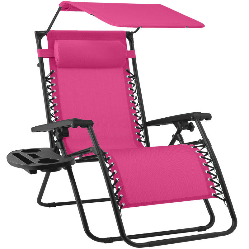  Folding Zero Gravity Recliner Patio Lounge Chair W/ Canopy Shade, Headrest, Tray - Hot Pink/Black