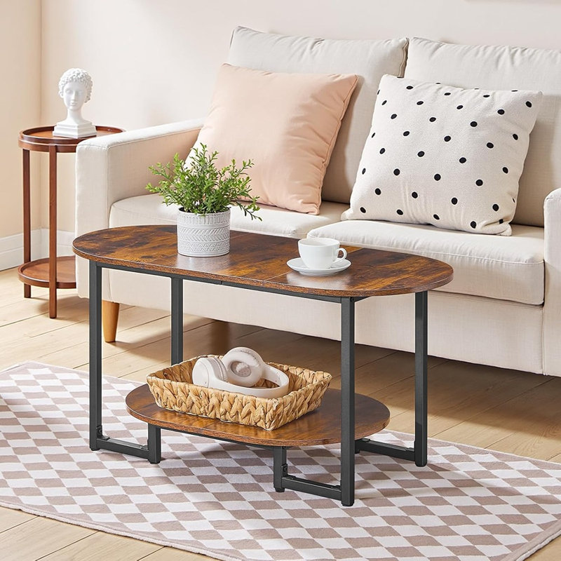 Table basse ovale avec tablette de rangement ouverte à 2 niveaux, style brun rustique, inspiration ferme