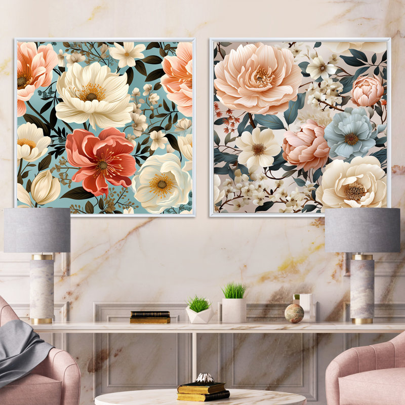 Alessia - Ensemble de 2 collages carrés floraux, Cadre flottant blanc, H 16 po x l 33 po